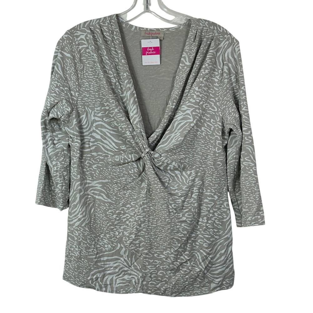 Fresh Produce Tunisia Twist Front Top Taupe Gray Animal Print Womens Large